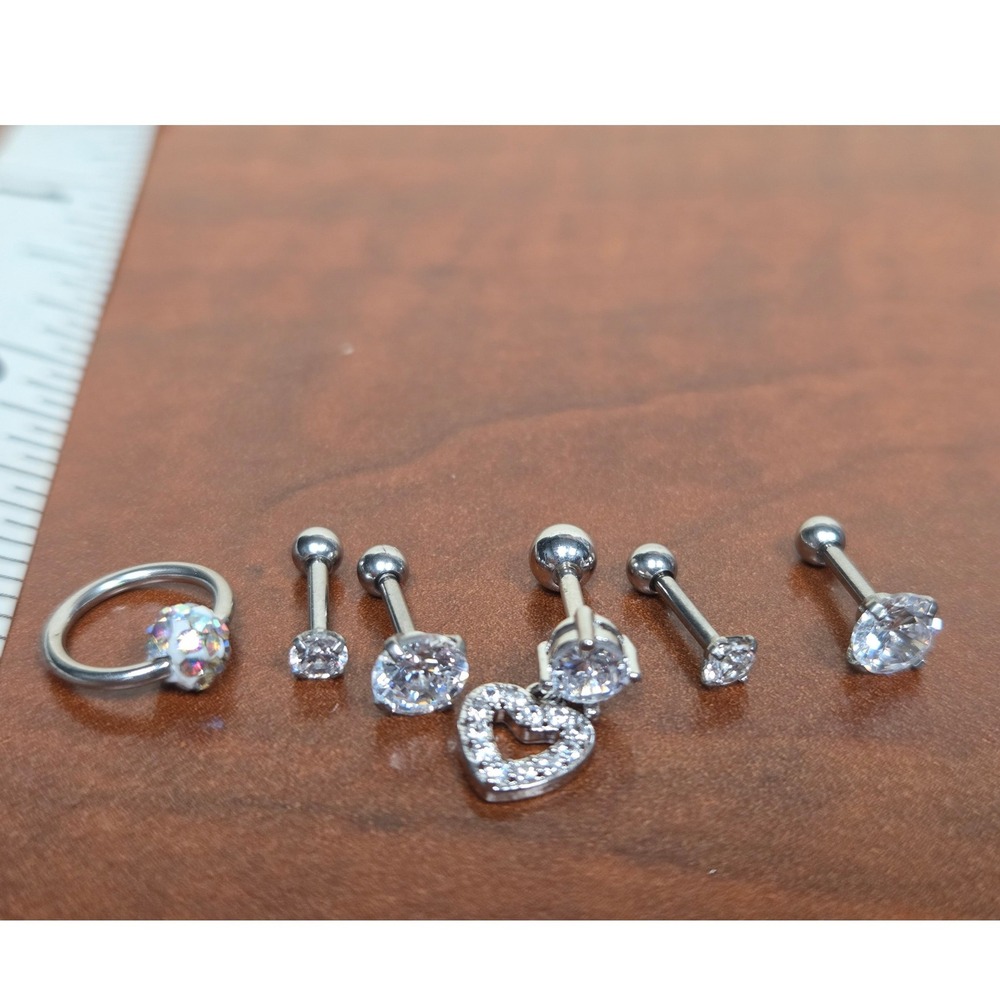 Silver Tone Body Jewelry Set Tragus Cartilage Piercing CZ Heart Disco Ball 8pc